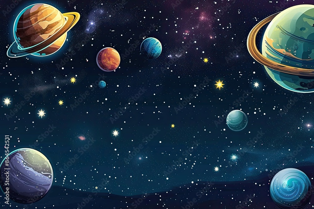 Poster a space scene with planets, celestial scene with planets and stars
