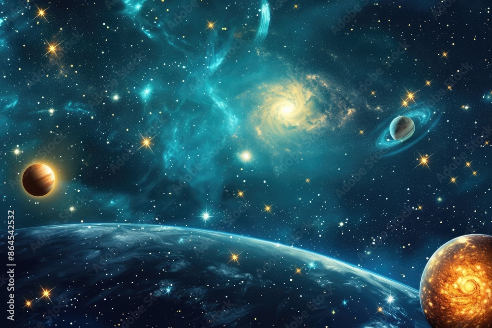 Poster a space scene with planets, celestial scene with planets and stars