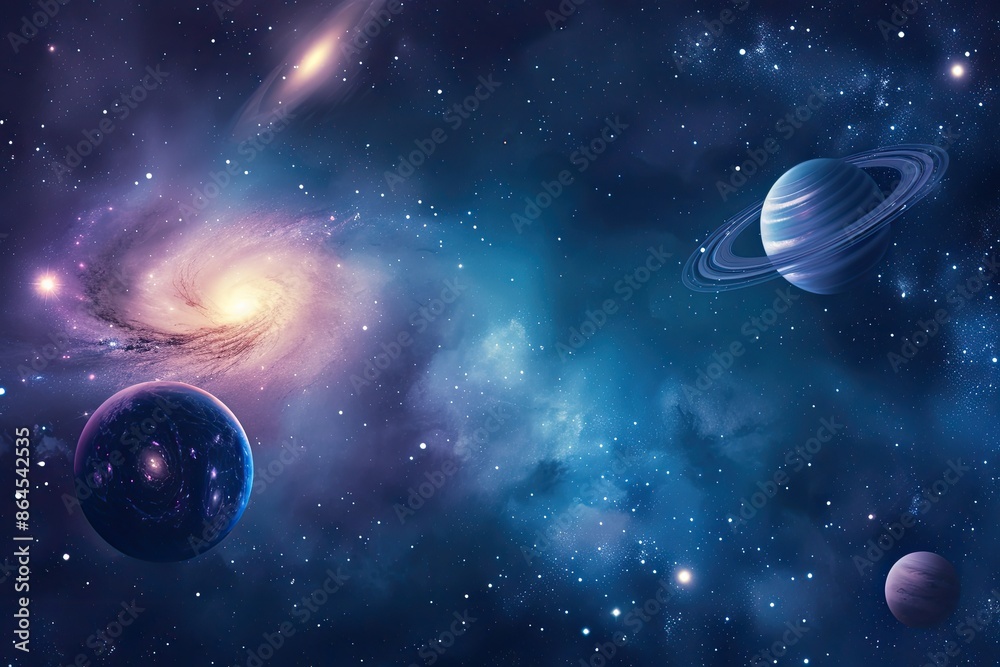 Poster a space scene with planets, celestial scene with planets and stars