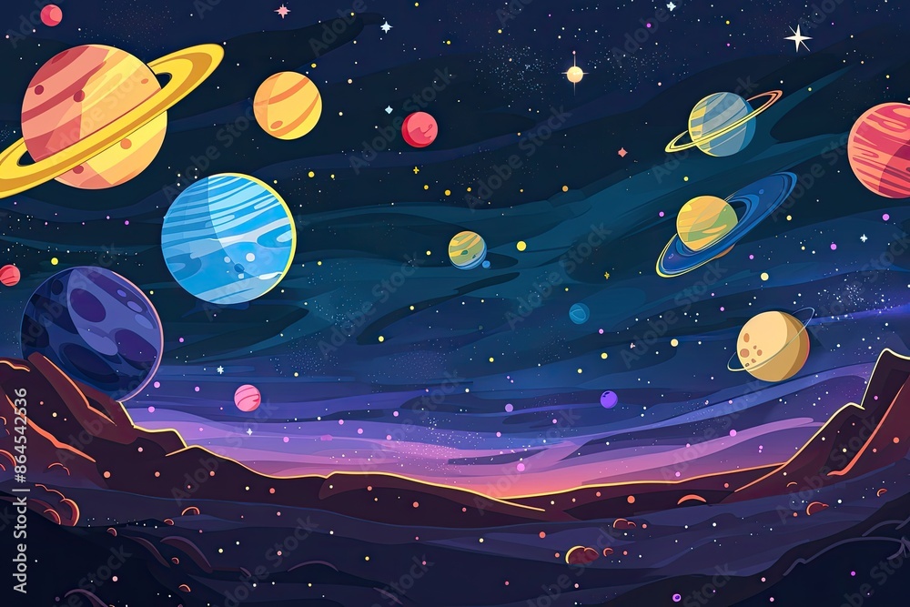 Poster a space scene with planets, celestial scene with planets and stars
