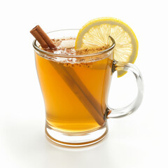 A hot toddy with a lemon slice and a cinnamon stick, isolated on white background