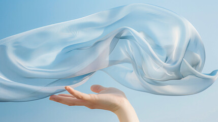 Elegance in motion: A gentle hand lifts a flowing silk fabric against a clear blue sky, symbolizing freedom and grace.