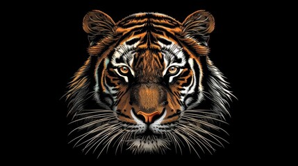 The Vector logo tiger is suitable for tattoo, T-shirt design, or outwear. The hunting-style big cat print is drawn on a black background for use on black fabric or canvas.