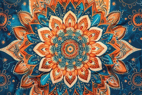 a colorful tapestry with a circular design, Intricate mandala pattern with bohemian flair