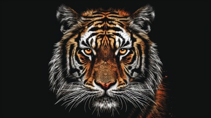 Naklejka premium The Vector logo tiger is suitable for tattoo, T-shirt design, or outwear. The hunting-style big cat print is drawn on a black background for use on black fabric or canvas.