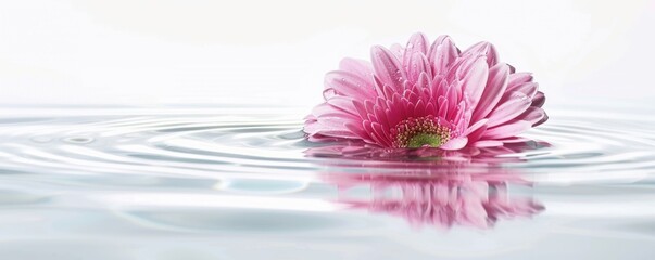 Obraz premium A minimalistic banner featuring an isolated pink gerbera flower floating on clear water, with ripples and shadows in the background, symbolizing tranquility and natural beauty Generative AI