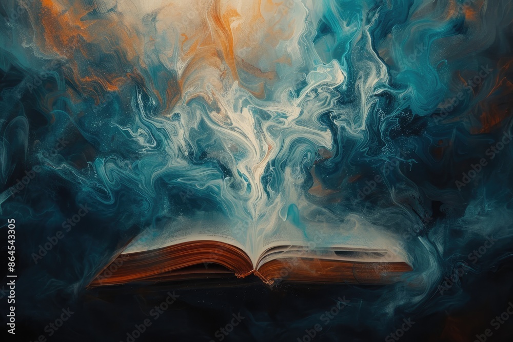 Aufkleber an open book with smoke coming out of it, Paint an abstract image evoking the feel of deep immersion when engrossed in a captivating book