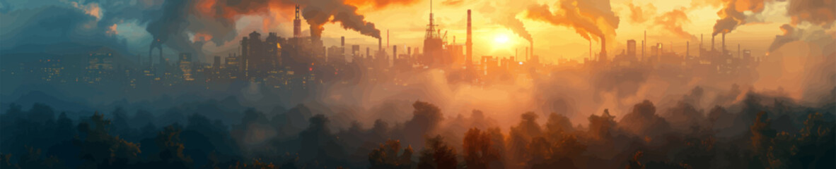 Sunset over an industrial cityscape filled with smokestacks and factories, casting a vibrant orange and red glow across the skyline. Generative ai vector illustration. 