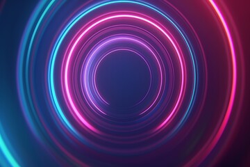 Abstract vibrant neon circular light pattern with blue and pink glowing rings on a dark background. Futuristic and dynamic digital design.