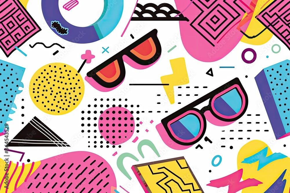 Aufkleber a colorful pattern with geometric shapes, Retro styled Y2K inspired shapes and symbols in a pop art approach