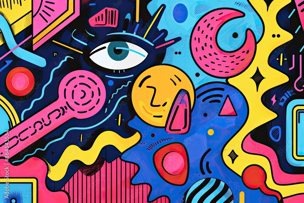 Fototapete a colorful pattern with geometric shapes, retro styled y2k inspired shapes and symbols in a pop art 