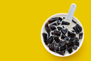 Grass jelly in milk, herbal dessert. Mesona chinensis