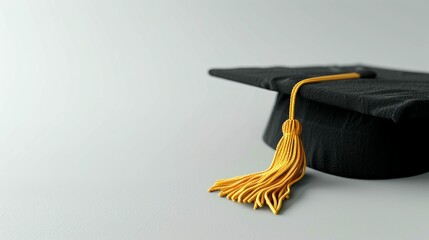 Black graduation cap with a yellow tassel on a plain background, symbolizing academic achievement and success.