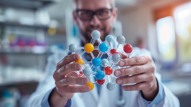 scientist having fun holding a molecular model