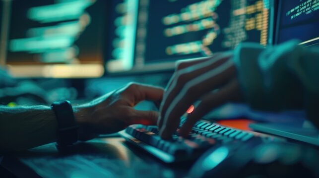 Close-up of a programmer's hands typing on a backlit keyboard, with lines of code displayed across multiple computer screens. AIG41
