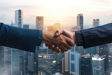a cartoon doctor talking to a family in a hospital, Two business people shaking hands against a cityscape background representing a successful negotiation