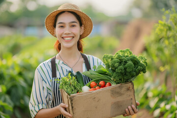 Smiling woman in farm clothes holds a box with fresh vegetables and herbs