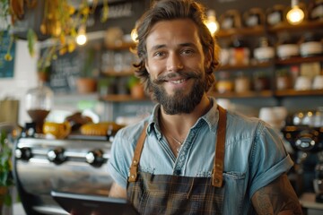 Obraz premium A barista, clad in a denim shirt and an apron, is seen handling a tablet device at a counter inside a modern, warmly lit cafe with coffee machines and jars in the background.