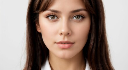 Obraz premium A beautiful young woman with a perfect face, brown hair and green eyes, wearing a white shirt.
