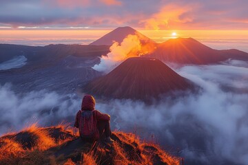 A person is seen sitting on a mountain, watching the stunning sunrise over a landscape of active, smoking volcanoes and colorful sky filled with warm hues.