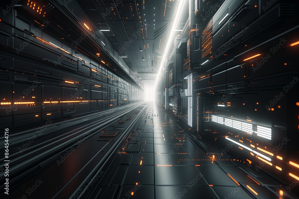 Poster Futuristic technology in a future corridor. Abstract background of a tunnel with perspective space and light. Modern design and digital architecture. Interior concept with metal