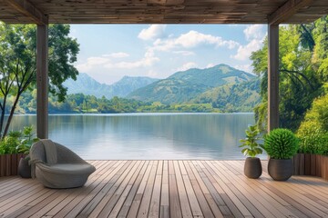 An idyllic scene of a calm lake viewed from a wooden terrace on a sunny day, with reflections of mountains and trees, capturing the tranquility of nature.