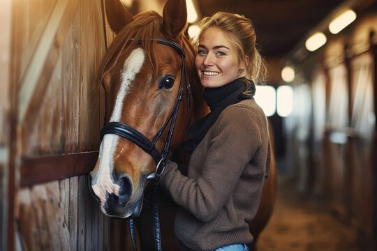 A woman with a dark top warmly hugs her horse in a bright stable corridor, showcasing an affectionate bond and the warmth of the natural lighting around them.