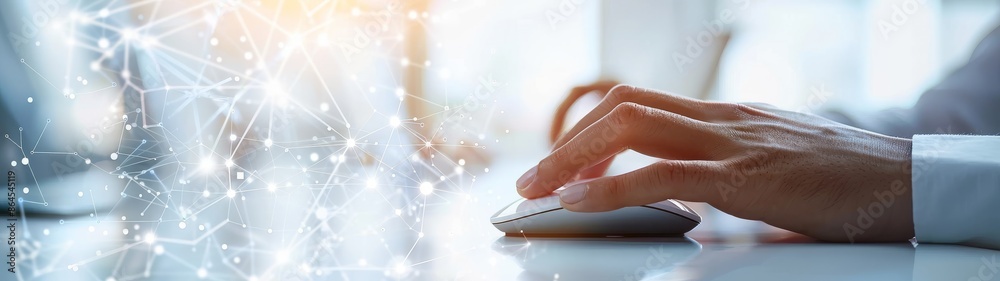 Poster close-up of businessman's hand using computer mouse with digital network overlay