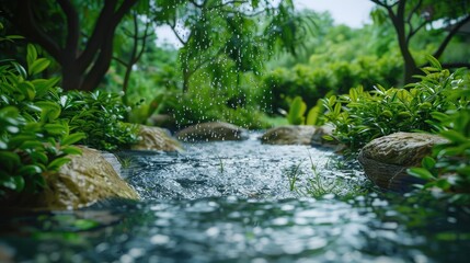 Water harvesting landscape to catch store and re-use storm water, rain water, waste water, concept of water recycle system combined with landscape.