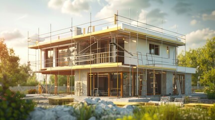 Naklejka premium Modern house under construction with scaffolding on summer background