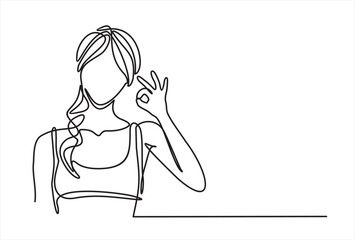 Single continuous line drawing woman in casual clothes gesturing ok sign. Okay sign, gesture language concept. Smiling sport female standing showing ok. Ok sign hand gesture continuous line