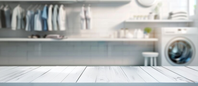 Design background featuring a blurred laundry room with an empty table