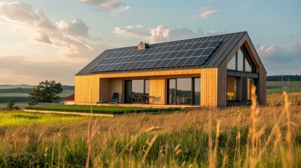 Fototapeta premium Stunning eco-friendly modern house with solar panels surrounded by lush green fields and golden grasses, bathed in soft evening sunlight, promoting sustainable living.