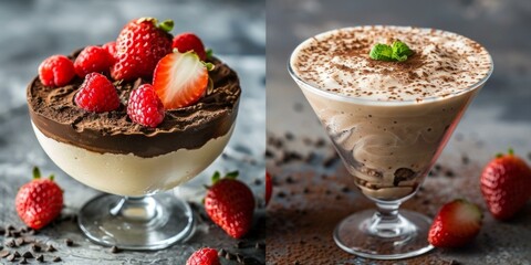 Luscious chocolate strawberry parfait and creamy chocolate drink garnished with mint, set against a rustic background with scattered fresh strawberries.