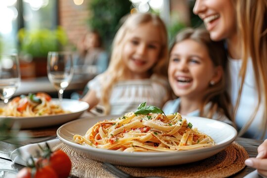 Family sharing a moment of joy around a table with pasta dishes, children laughing, and a mother smiling, set in a warmly lit and cozy dining surrounding.