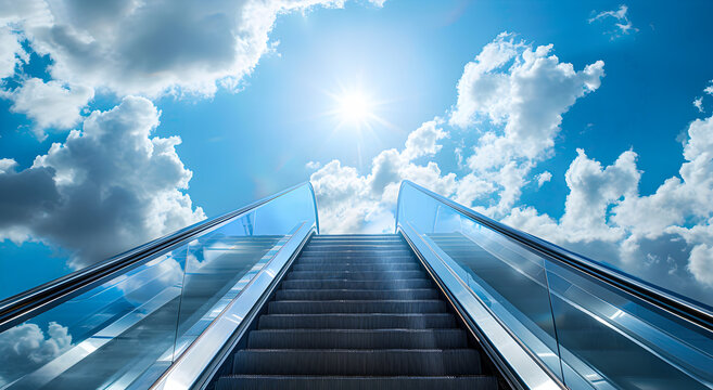 Modern staircase escalator to the sky with bright sunshine.