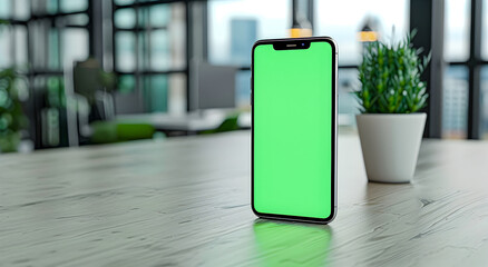 A modern smartphone with a green screen on a white desk, an office concept.