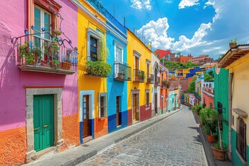 Fototapeta premium A vibrant and colorful street in Mexico featuring beautifully painted houses in bright hues, cobblestone pathways, and potted plants adding charm and character.