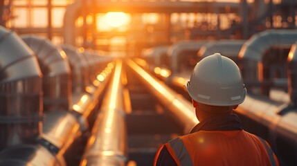 Industrial engineer in a hard hat at a refinery, overseeing pipelines during sunset, showcasing energy sector and infrastructure development.