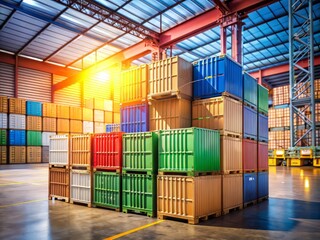 Fototapeta premium Colorful cargo containers stacked with cardboard boxes bearing customs clearance labels, symbolizing international trade, export, and import, set against a blurred warehouse background.