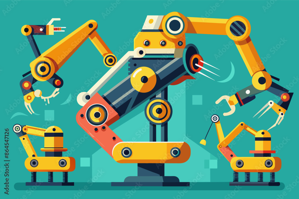 Poster a robot and a robot arm with a robot in the background, robotic arms in motion