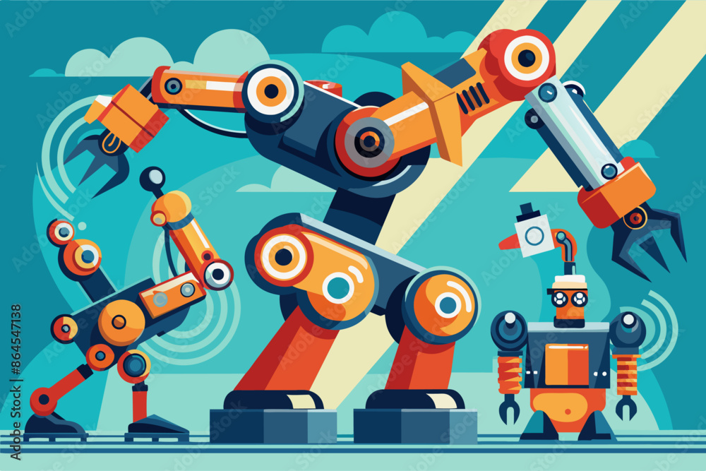 Poster a robot and a robot arm with a robot in the background, robotic arms in motion
