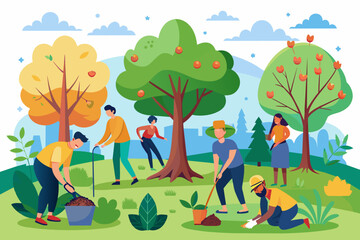 people are planting trees in the park, Planting trees in a public park