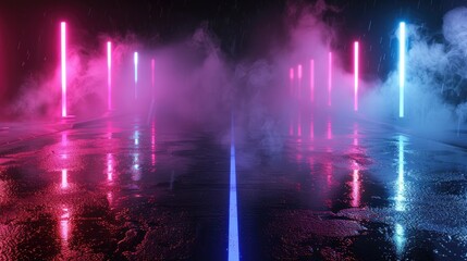 Fototapeta premium 3D rendering old wet asphalt neon lights street with smoke on black background