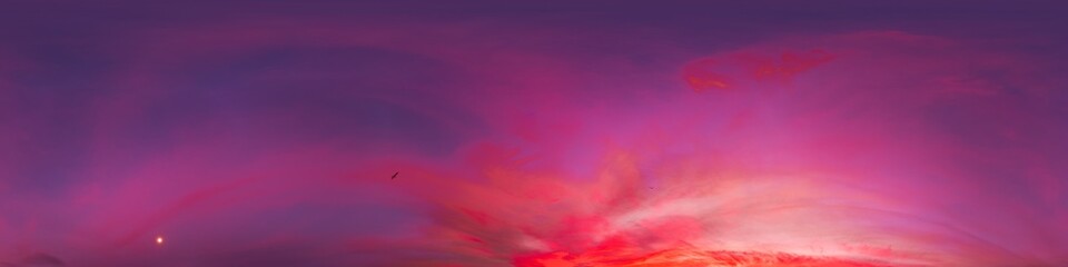 Sunset sky with bright glowing pink Cirrus clouds. Seamless spherical HDR 360 panorama. Full zenith or sky dome in 3D, sky replacement for aerial drone panoramas. Climate and weather change.
