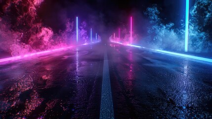 Naklejka premium 3D rendering old wet asphalt neon lights street with smoke on black background
