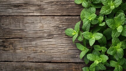 Fresh mint displayed on wooden background elongated banner