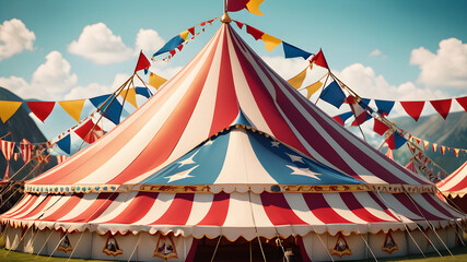 a cartoon circus tent with flags and acrobats.