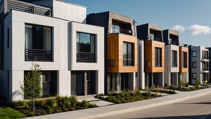 Street with modern modular private townhouses. Appearance of residential architecture