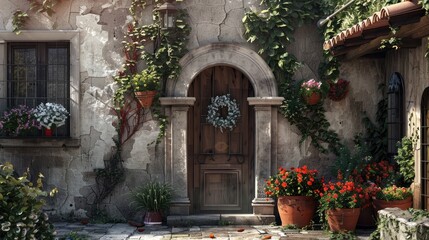 Charming European courtyards with ancient doors stone walls delicate balconies and flower filled broken pots